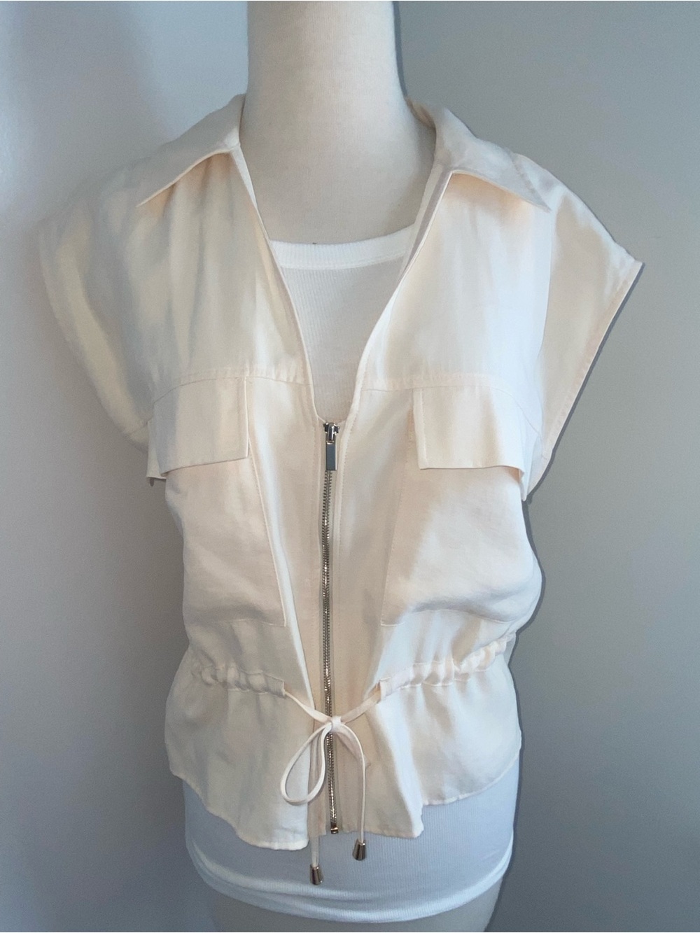 ZARA Light Cream Zip-Front Drawstring Vest - Size L - NEW - Picture 4 of 5